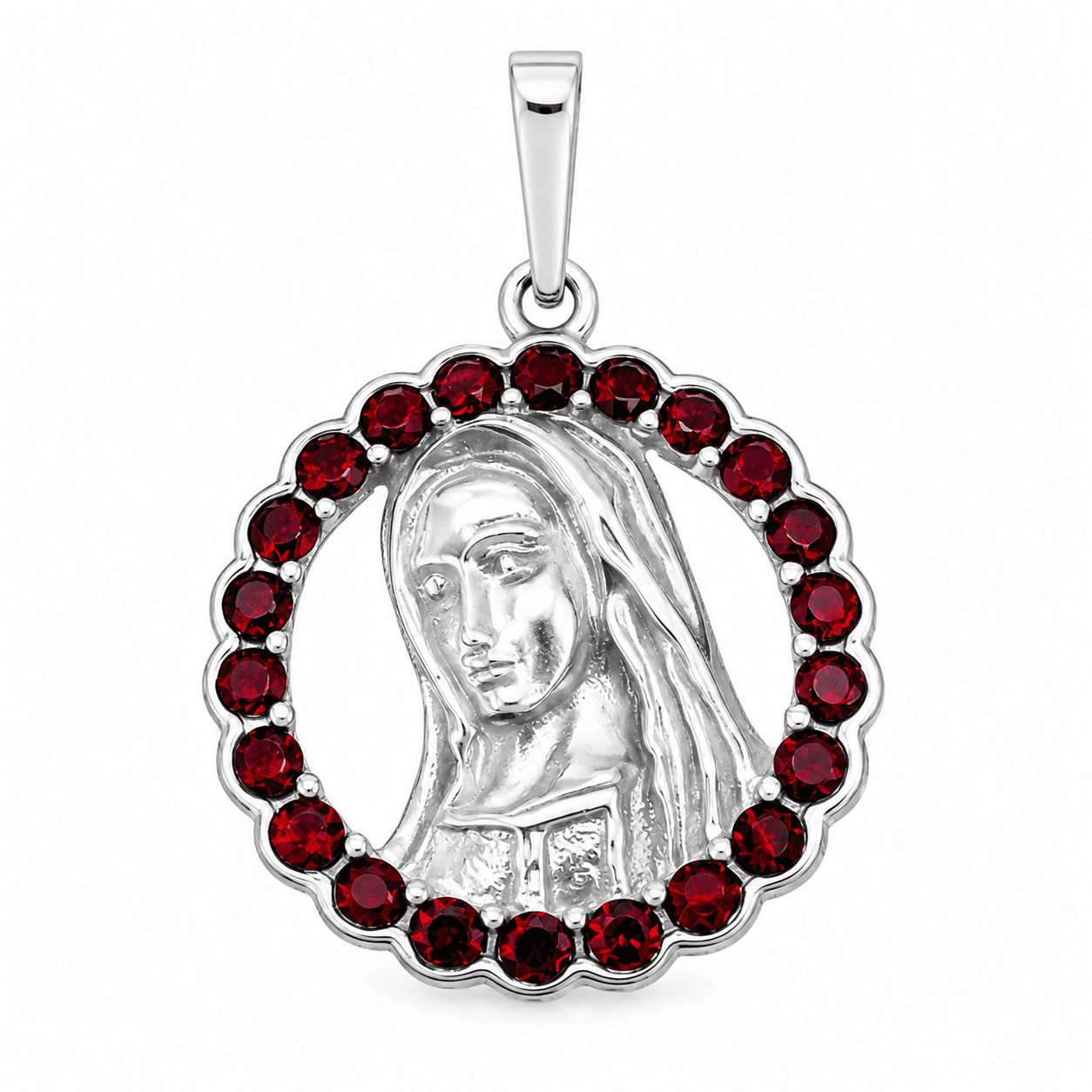 Stříbrný přívěsek Madonka s českým granátem