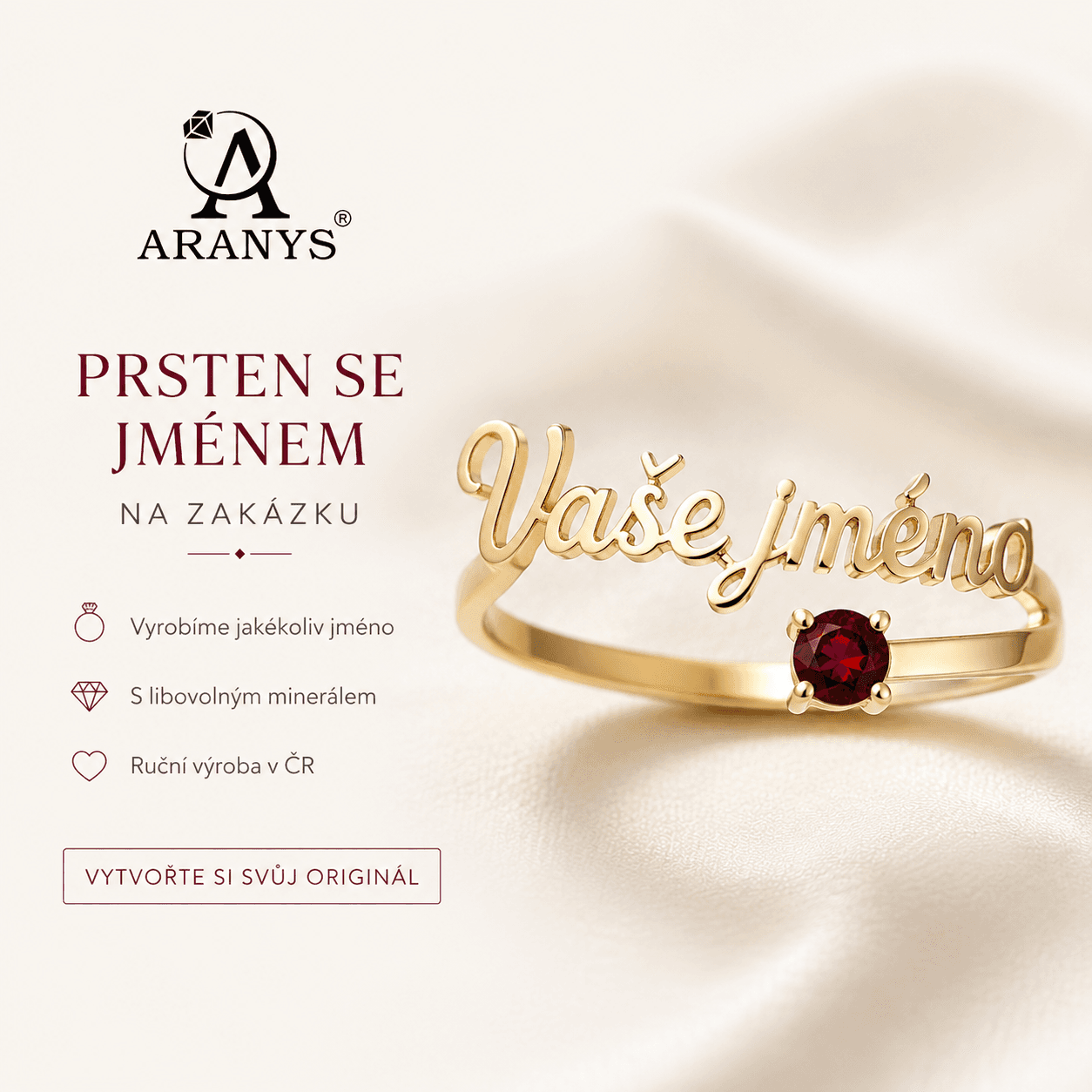 Zlatý prsten se jménem a minerálem Pantelis