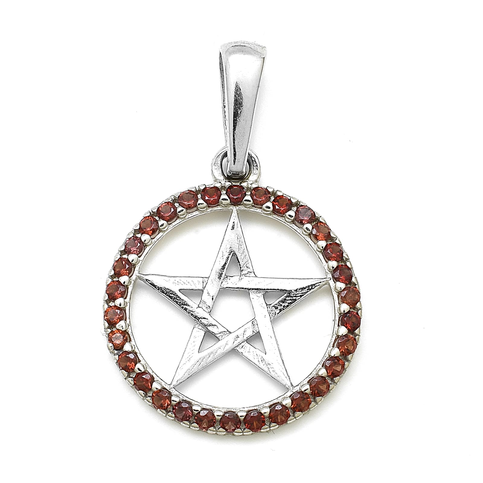 Stříbrný přívěsek pentagram s českými granáty Darci, Rhodiování