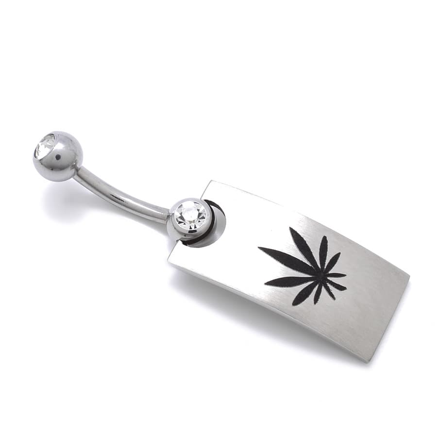 Ocelový piercing do pupíku destička zirkon, Konopný list