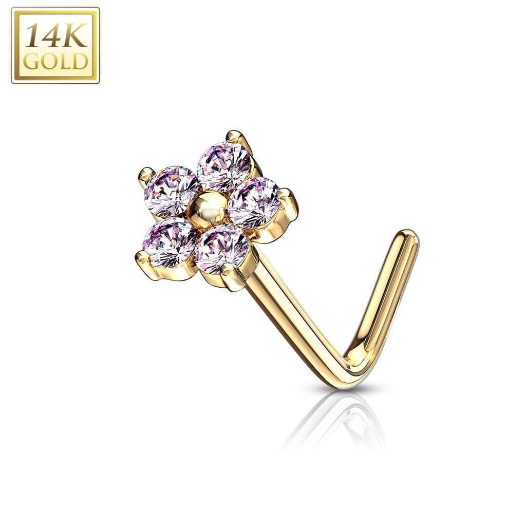 Zlatý piercing do nosu kytička - růžové zirkony, Au 585/1000