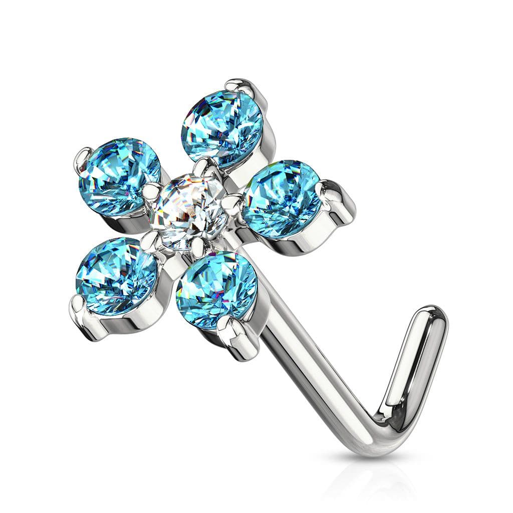 Zahnutý piercing do nosu, kytička (tyrkysová)