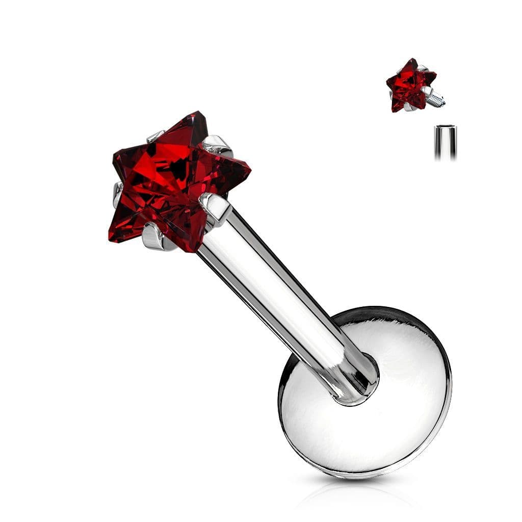 Piercing do brady labreta - hvězda 3 mm (červená)