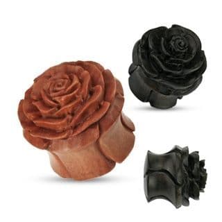 Vyřezávaný plug do ucha růže - přírodní dřevo (černé dřevo, 25 mm)