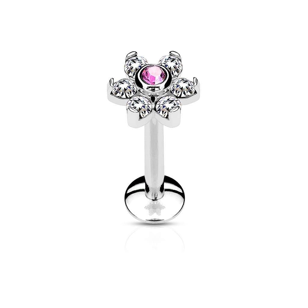 Piercing do brady - labreta kytička, růžový/čiré kamínky (1,2 x 8 mm)