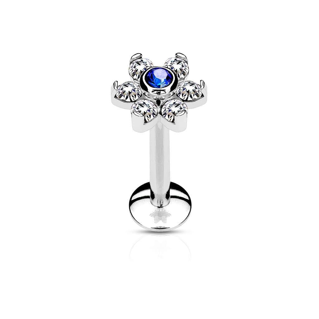 Piercing do brady - labreta kytička, modrý/čiré kamínky (1,2 x 8 mm)
