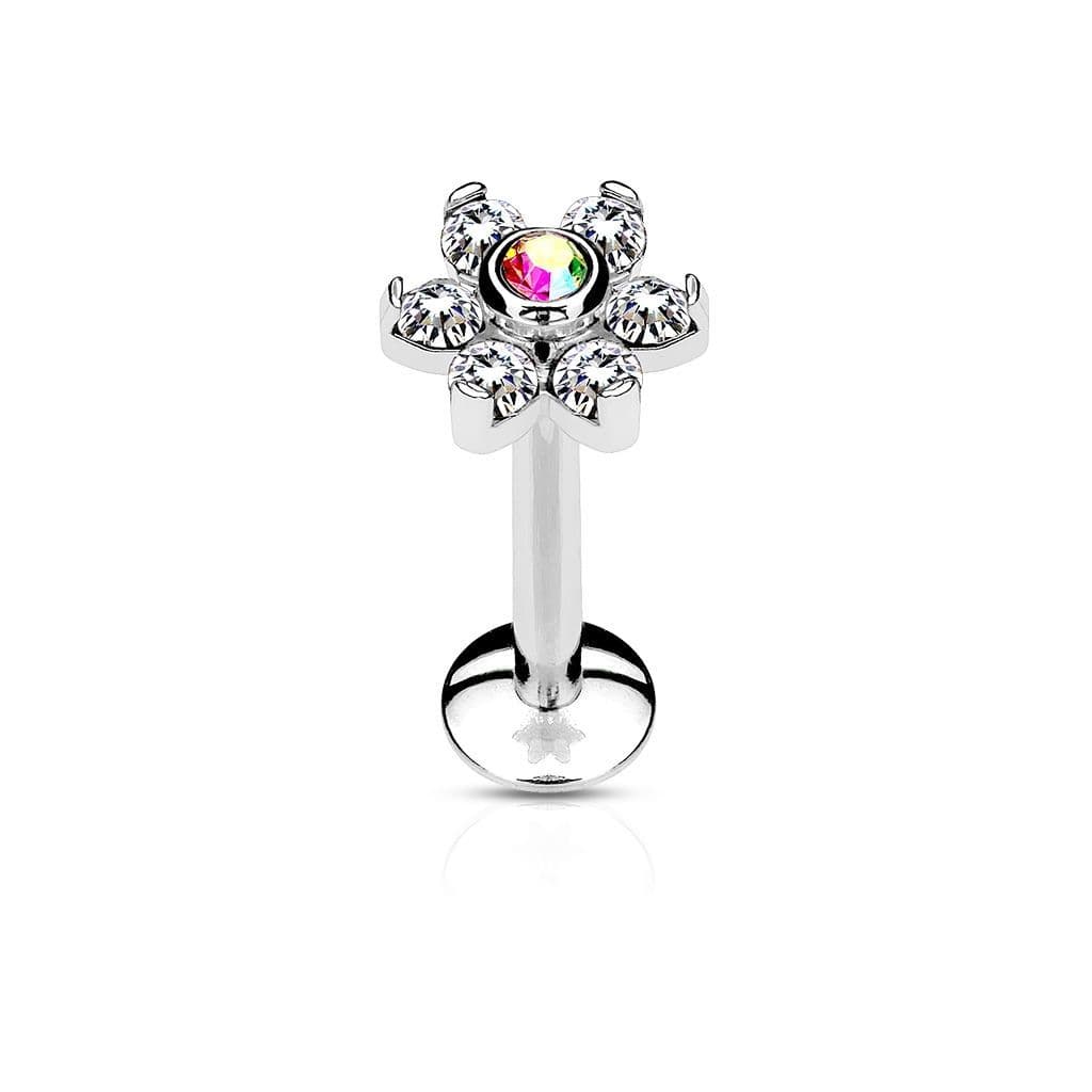 Piercing do brady - labreta kytička, duhový/čiré kamínky (1,2 x 8 mm)