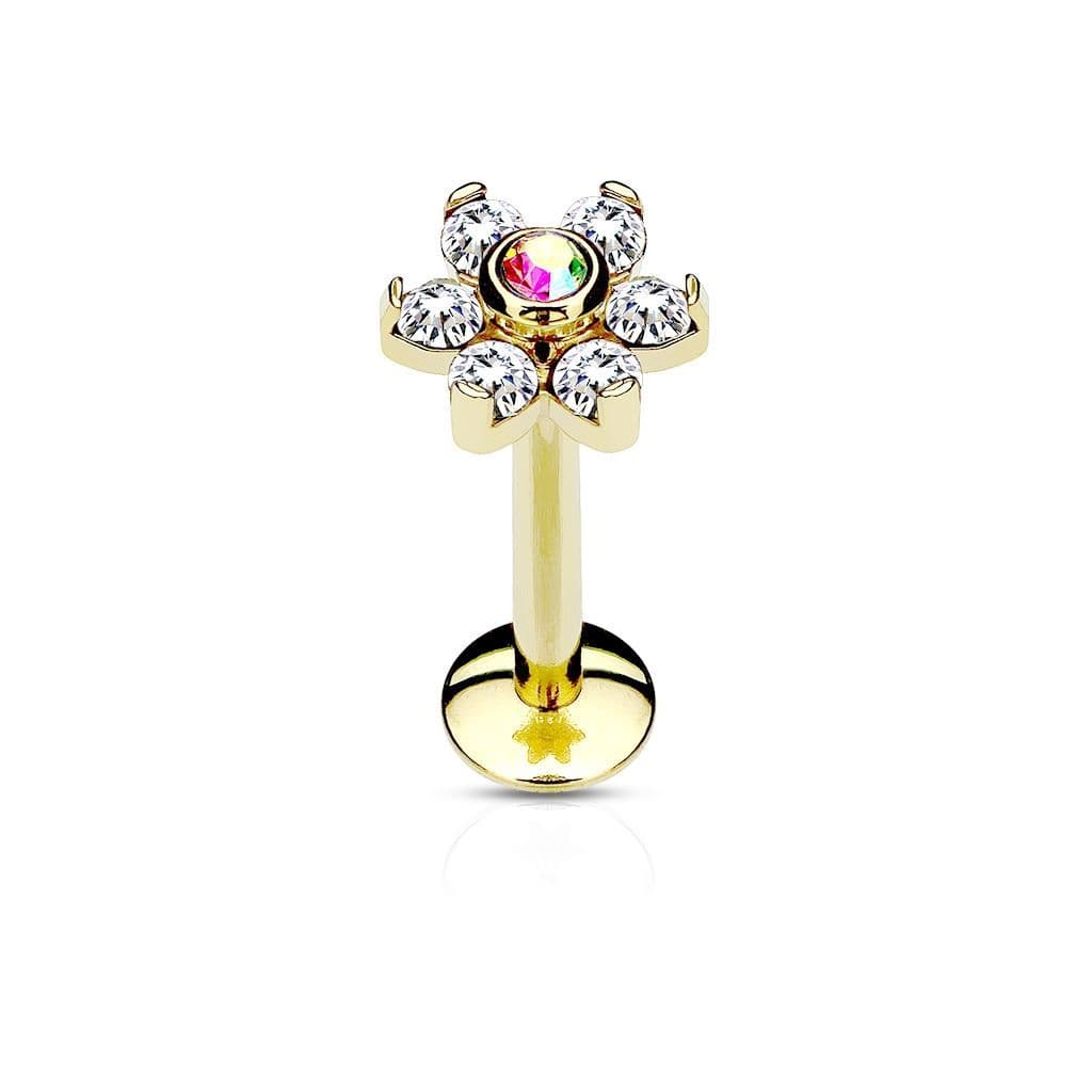 Zlacený piercing do brady - labreta kytička (1,2 x 8 mm)