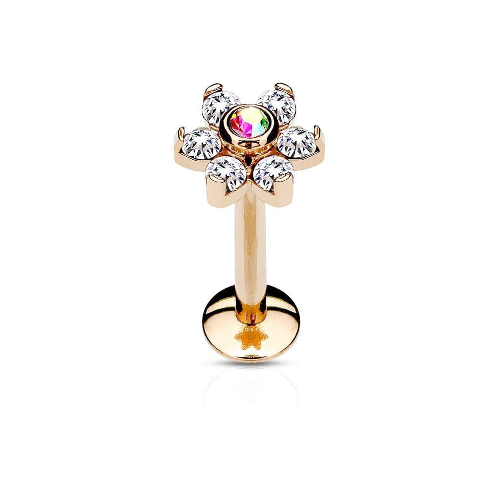 Zlacený piercing do brady - labreta kytička (1,2 x 8 mm)