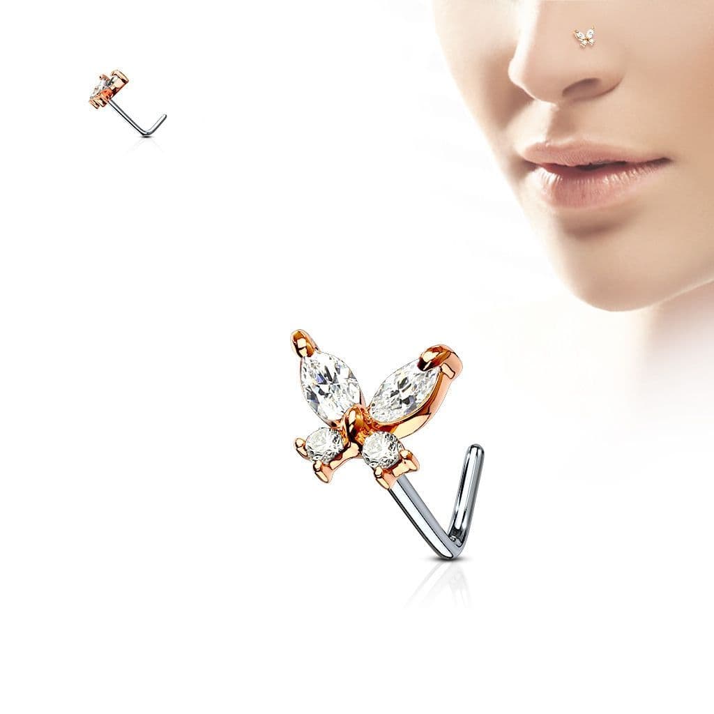 Zahnutý piercing do nosu - motýlek (růžové zlato)