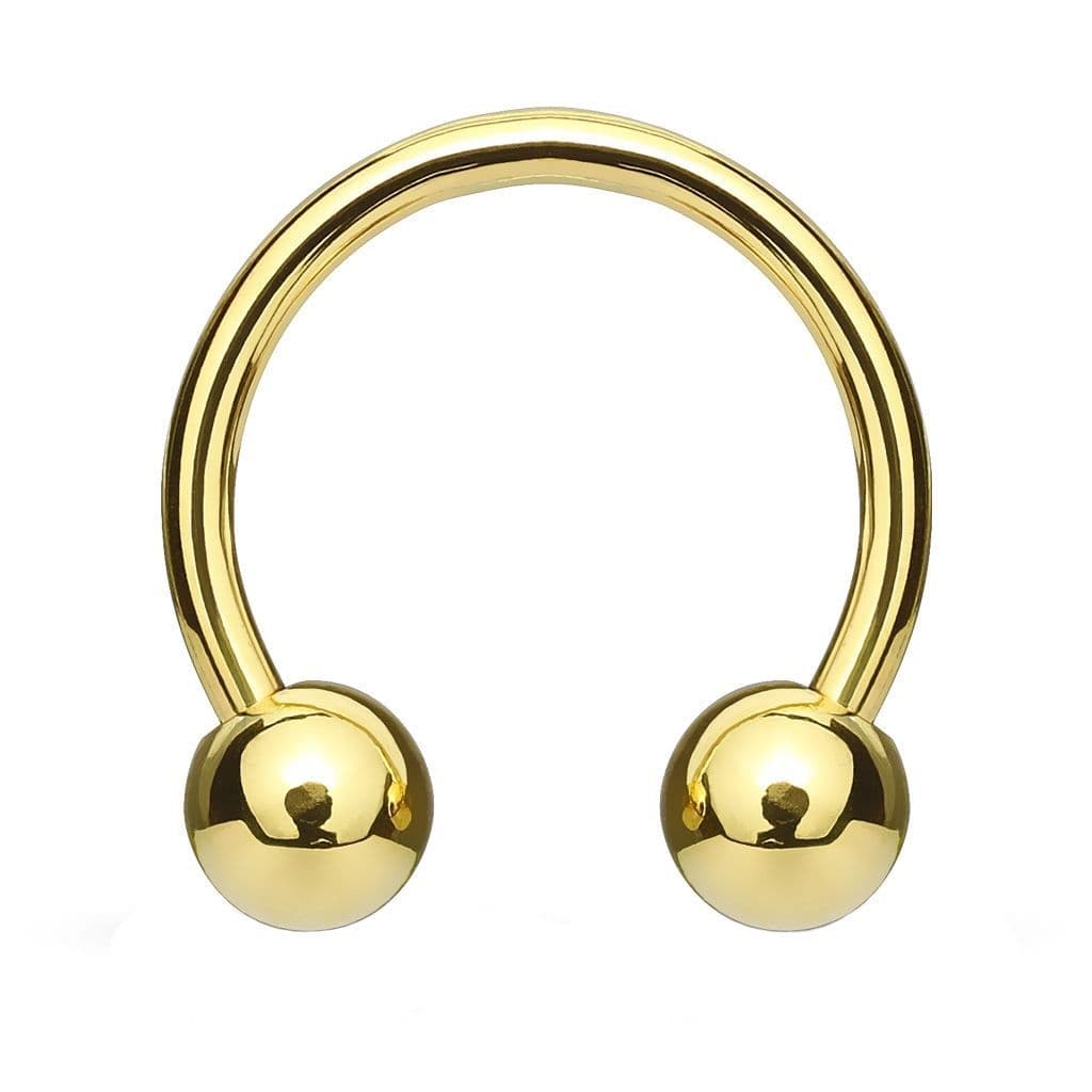 Piercing podkova, barva žluté zlato (1,6 x 12 mm, kuličky 5 mm)