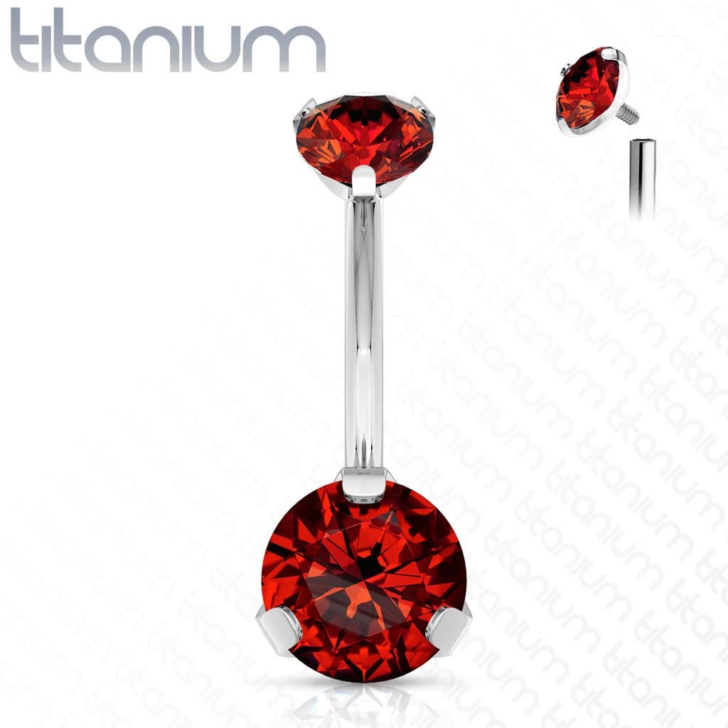 Piercing do pupíku vnitřní závit, zirkon - TITAN (červená)