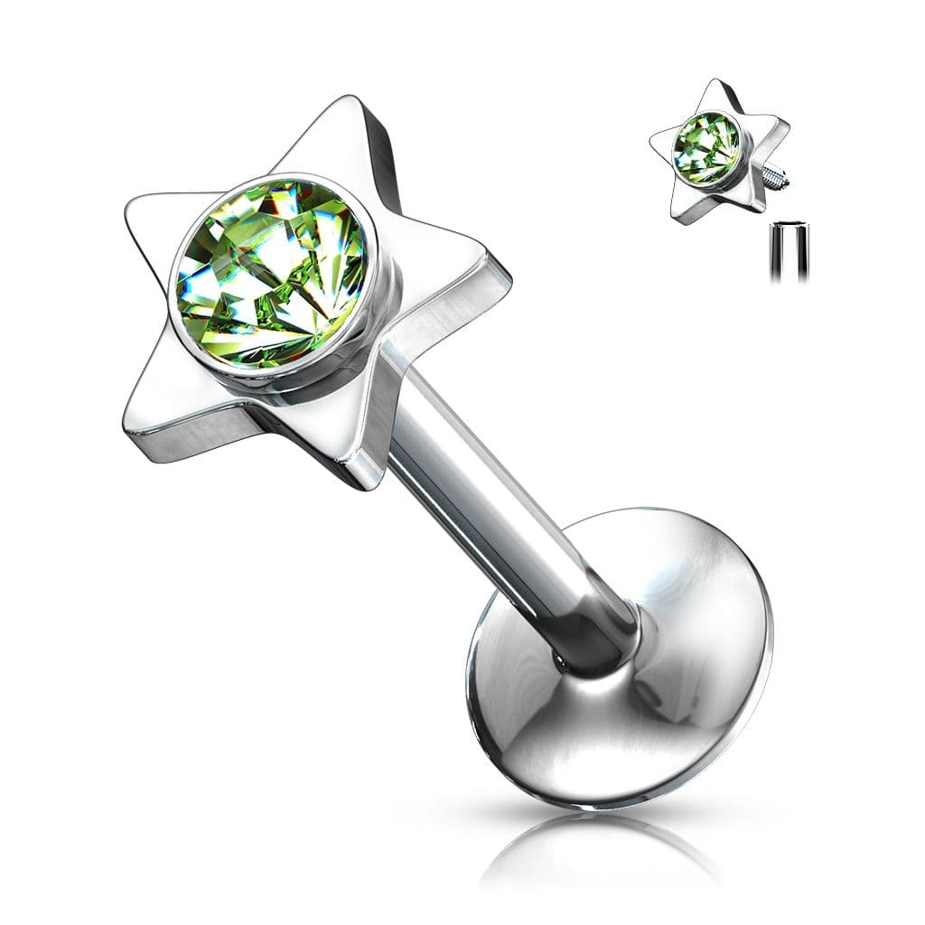 Piercing do brady - labreta hvězda (zelená)