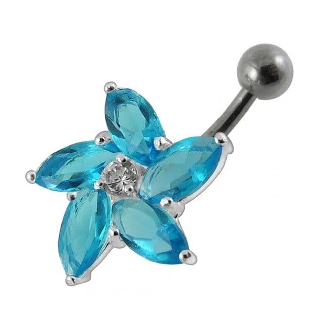 Stříbrný piercing do pupíku - kytička (tyrkysová)
