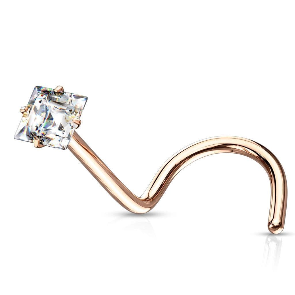Zlacený zahnutý piercing do nosu čtvereček - čirý zirkon (růžové zlato)
