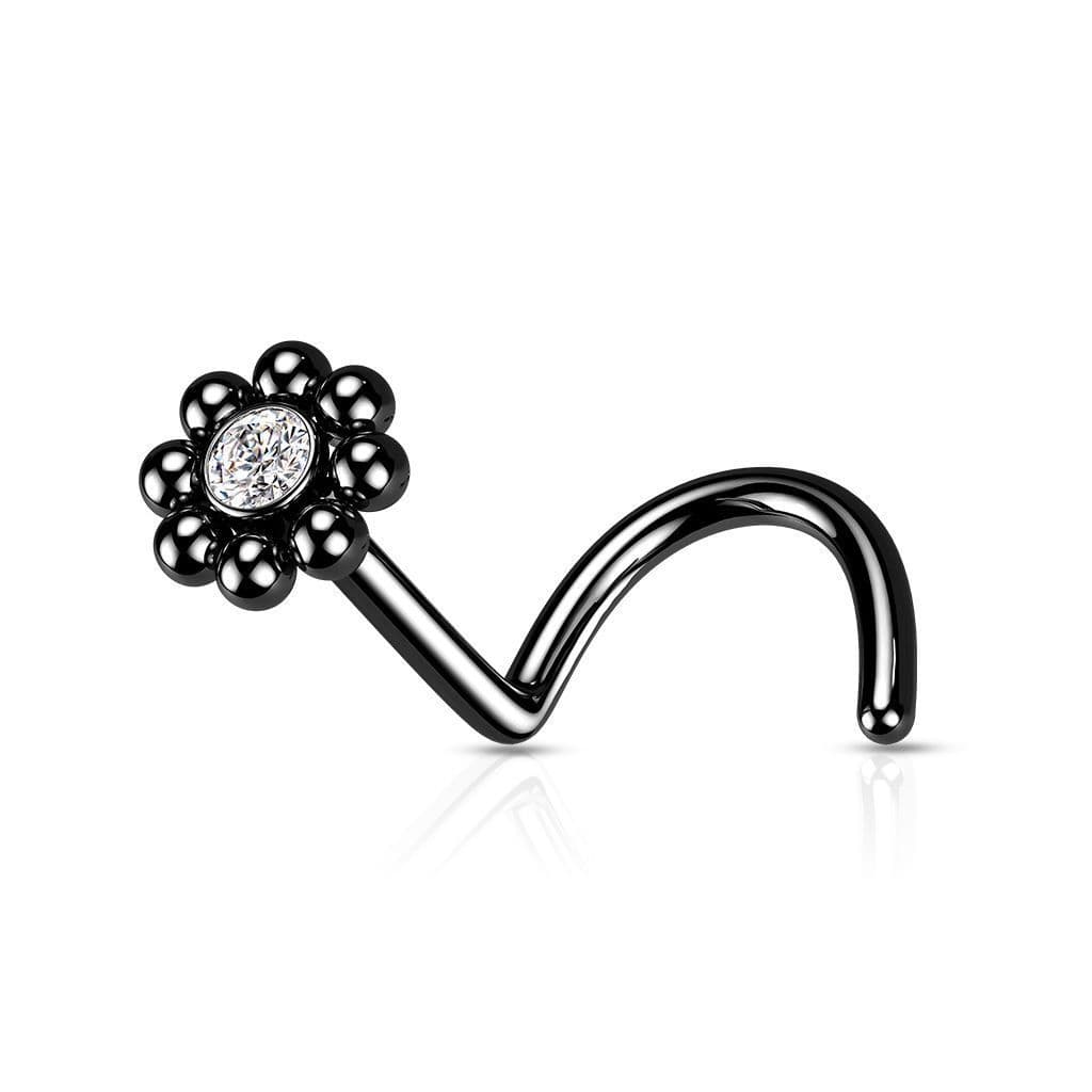 Zahnutý piercing do nosu - kytička černá