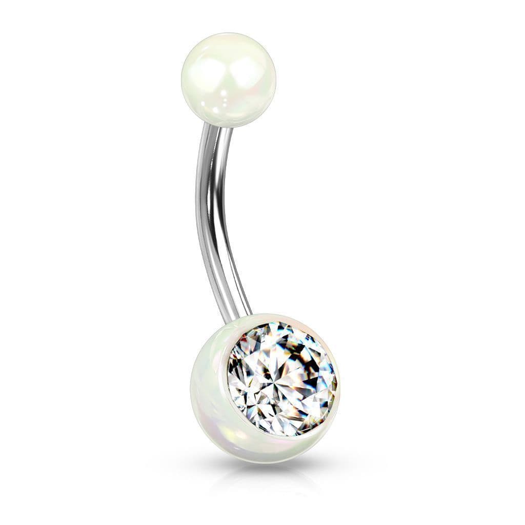 Piercing do pupíku - perleťový lesk a zirkon (bílý)
