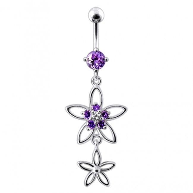 Stříbrný piercing do pupíku - kytičky (fialová)