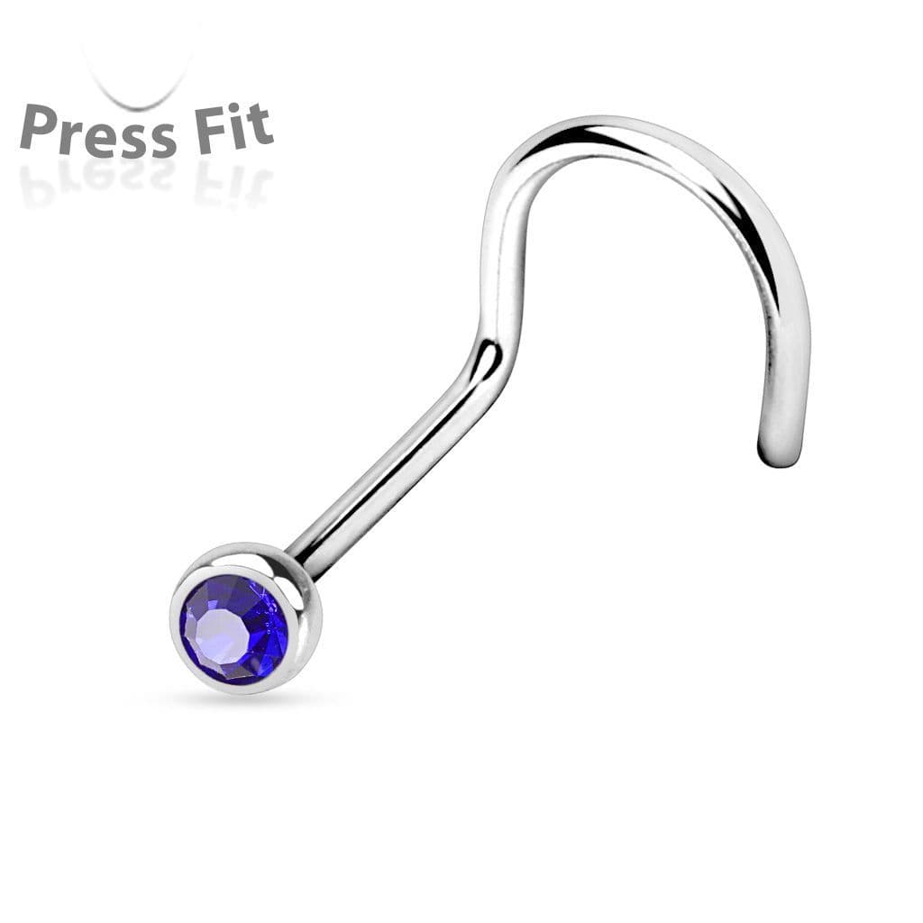 Zahnutý piercing do nosu, zirkon 2,5 mm (tmavě modrá)