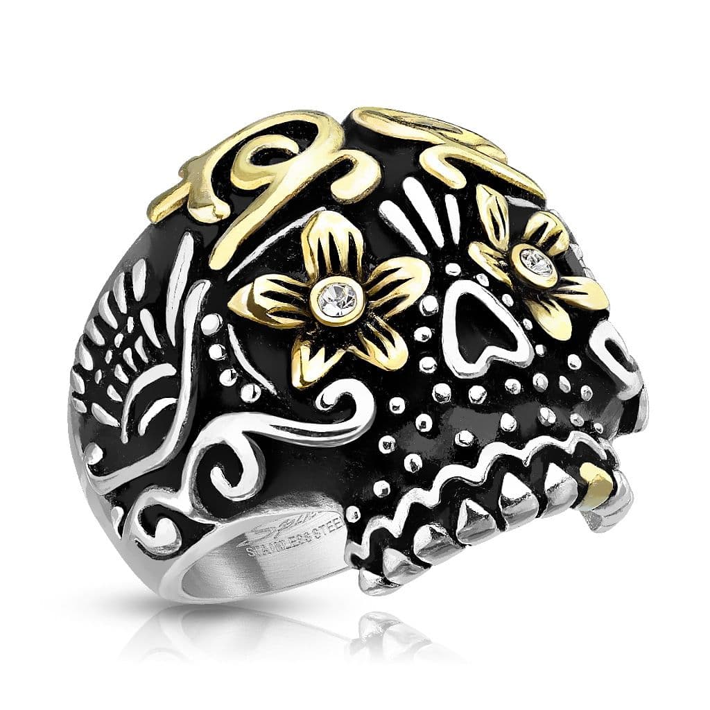 Ocelový prsten - lebka s ornamenty (62)