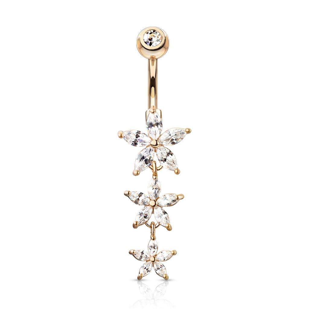 Visací piercing do pupíku s kytičkami rosegold