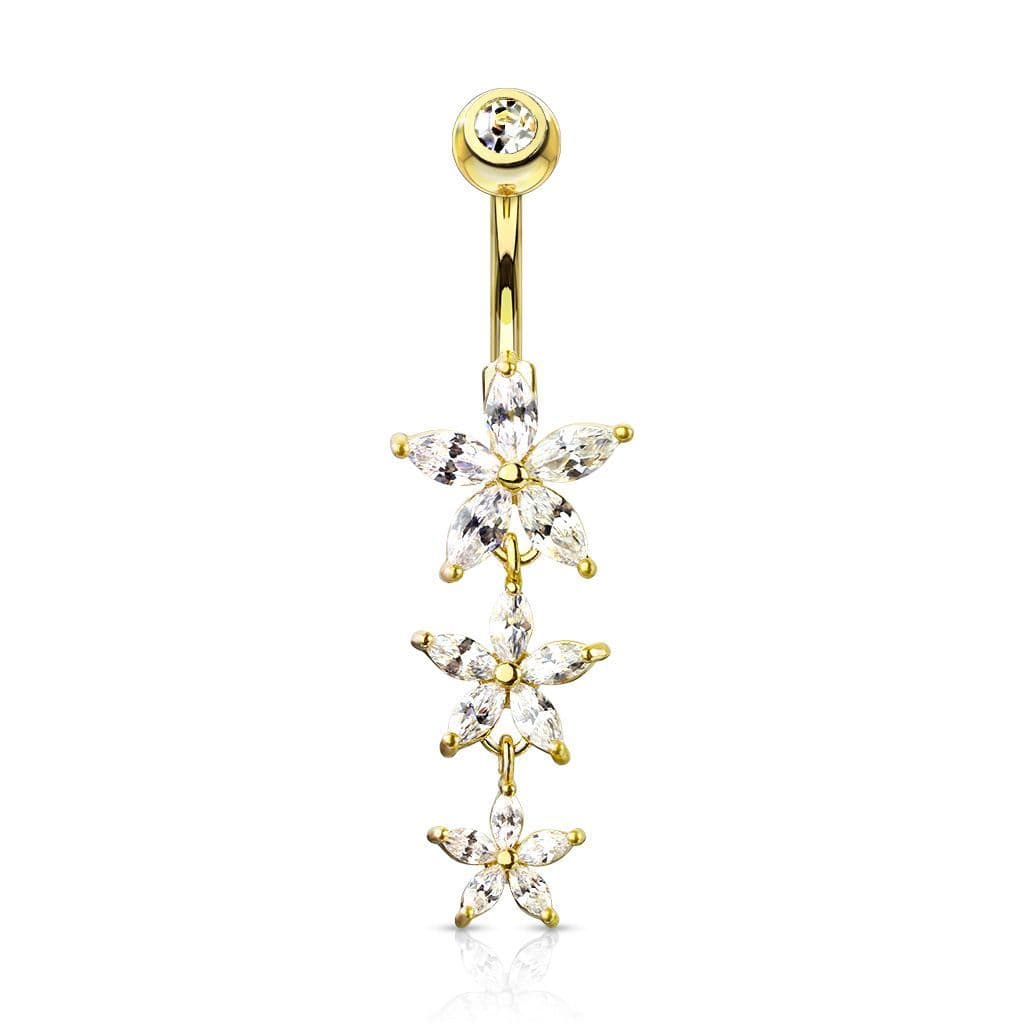 Visací piercing do pupíku s kytičkami gold