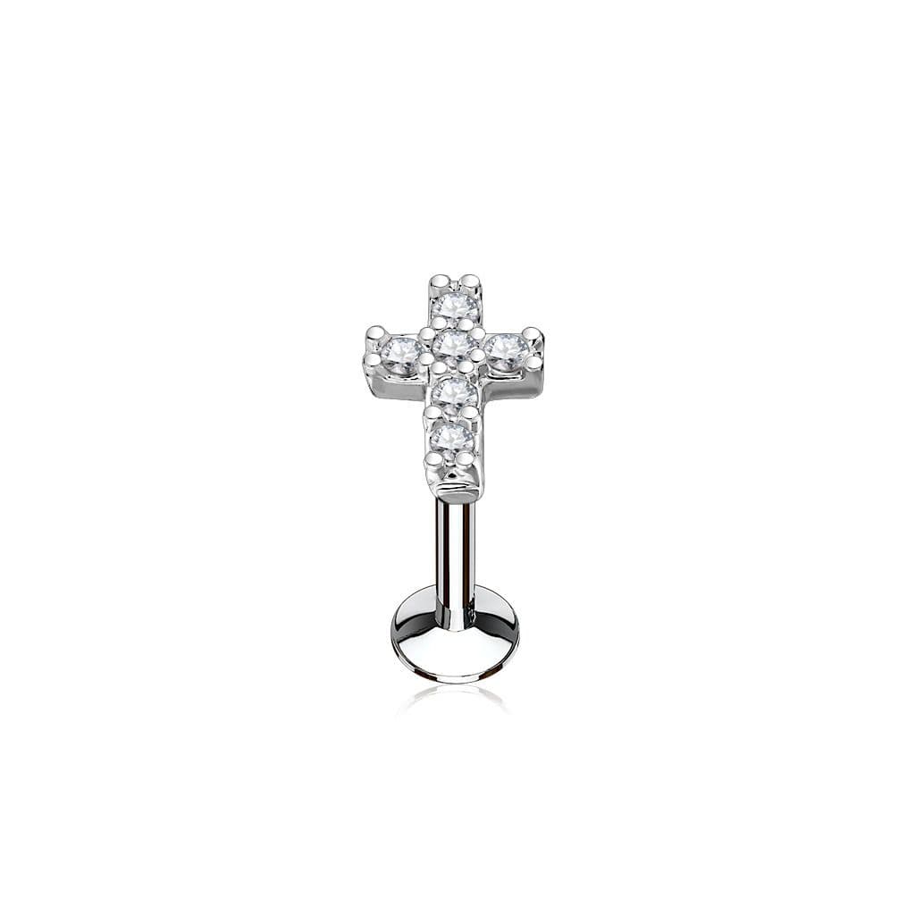 Piercing do brady křížek 1,2 x 6 mm, čiré zirkony
