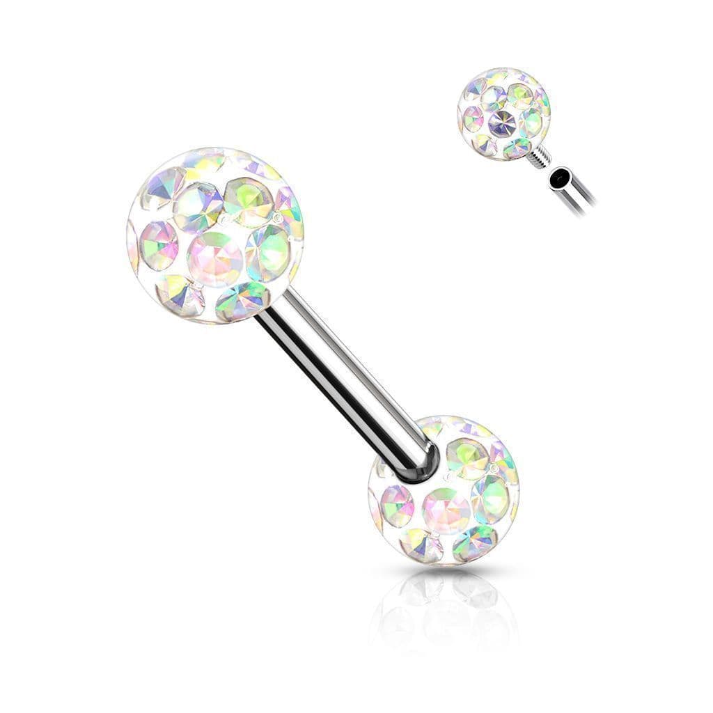 Piercing do jazyka chirurgická ocel s duhovými krystaly