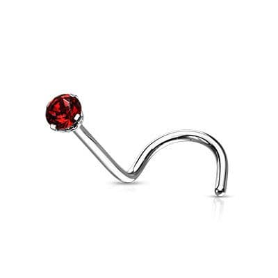 Zahnutý piercing do nosu - titan, kamínek 2 mm (červená)