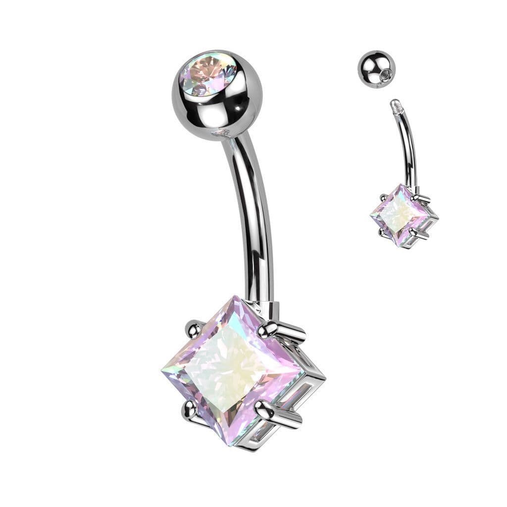 Piercing do pupíku s čtvercovým kamenem (duhový)