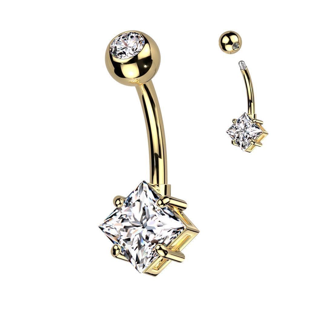 Zlacený piercing do pupíku s čtvercovým kamenem
