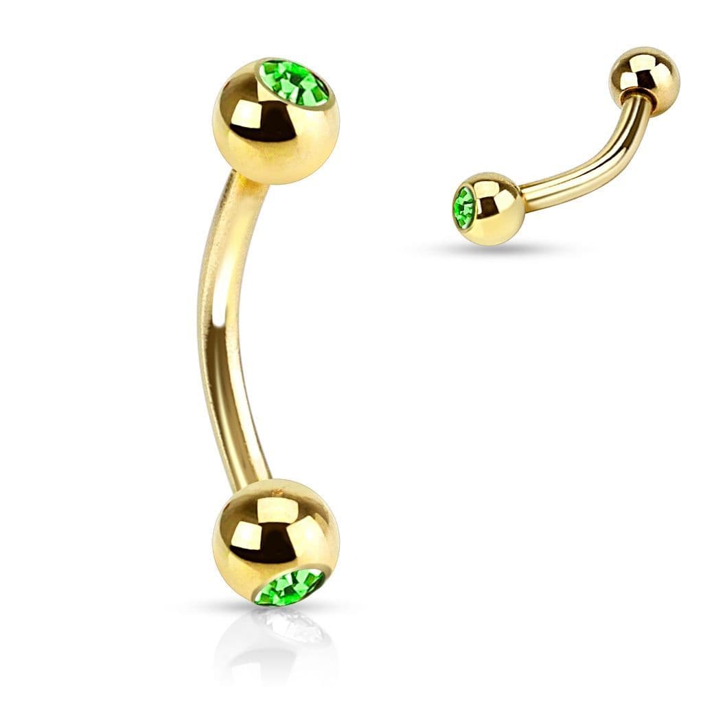 Pozlacený piercing do obočí s kamínky (zelená)