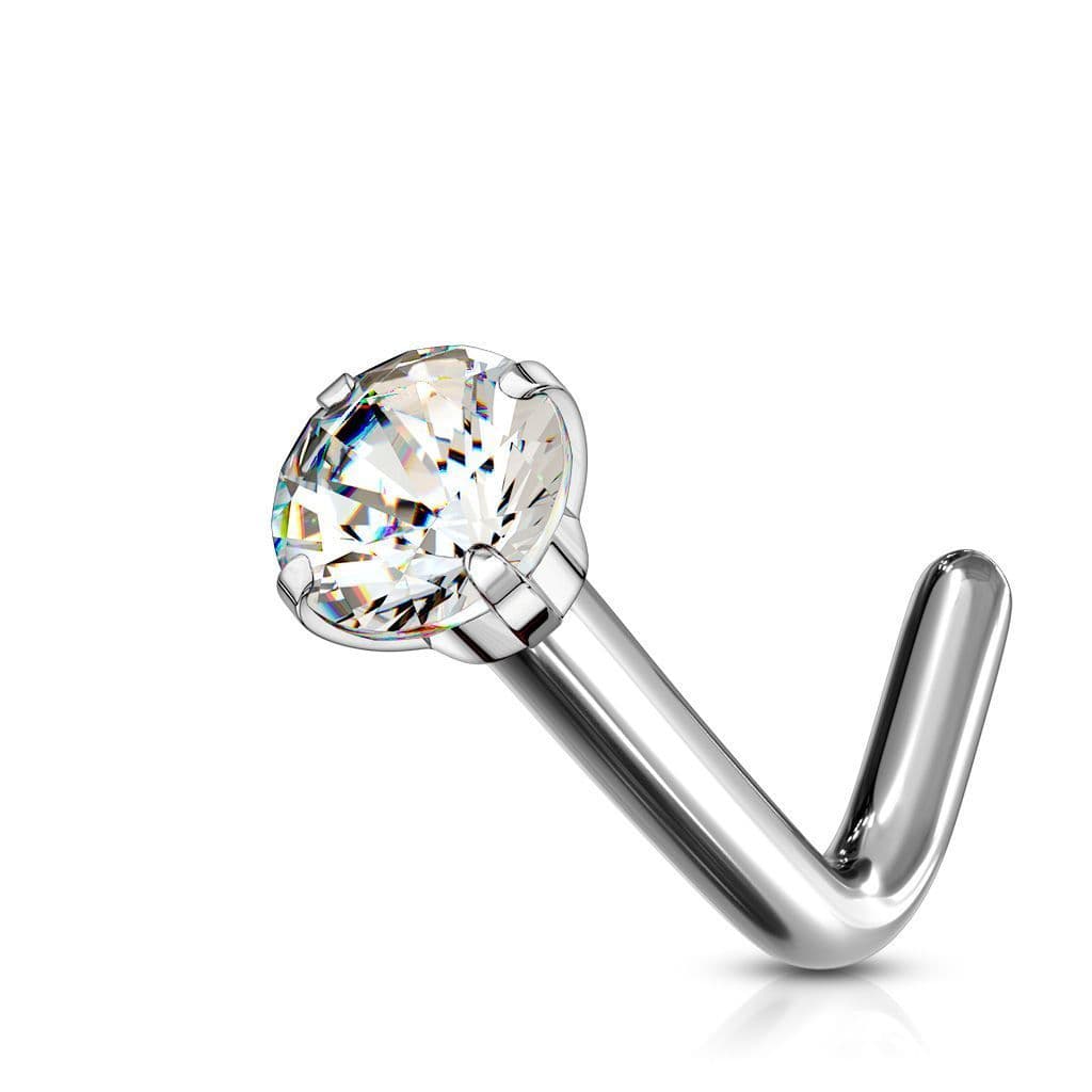 Zahnutý piercing do nosu - titan, čirý kamínek 3 mm