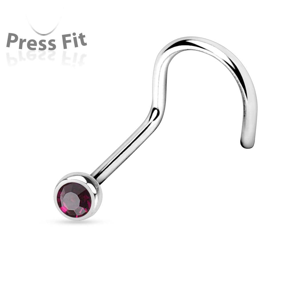 Zahnutý piercing do nosu, zirkon 2 mm (tmavě fialová)