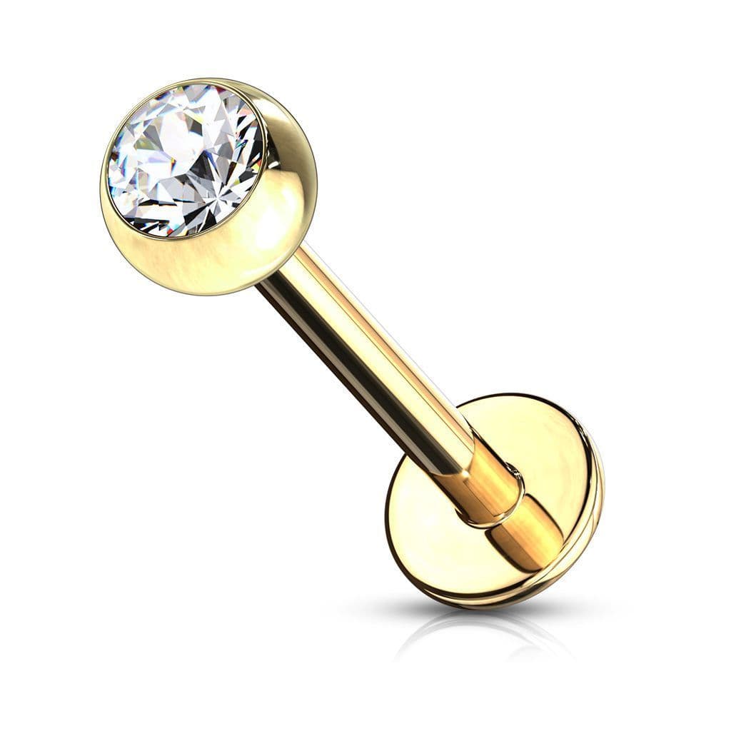 Pozlacený piercing do brady - labreta 1,2 x 8 mm, čirý zirkon