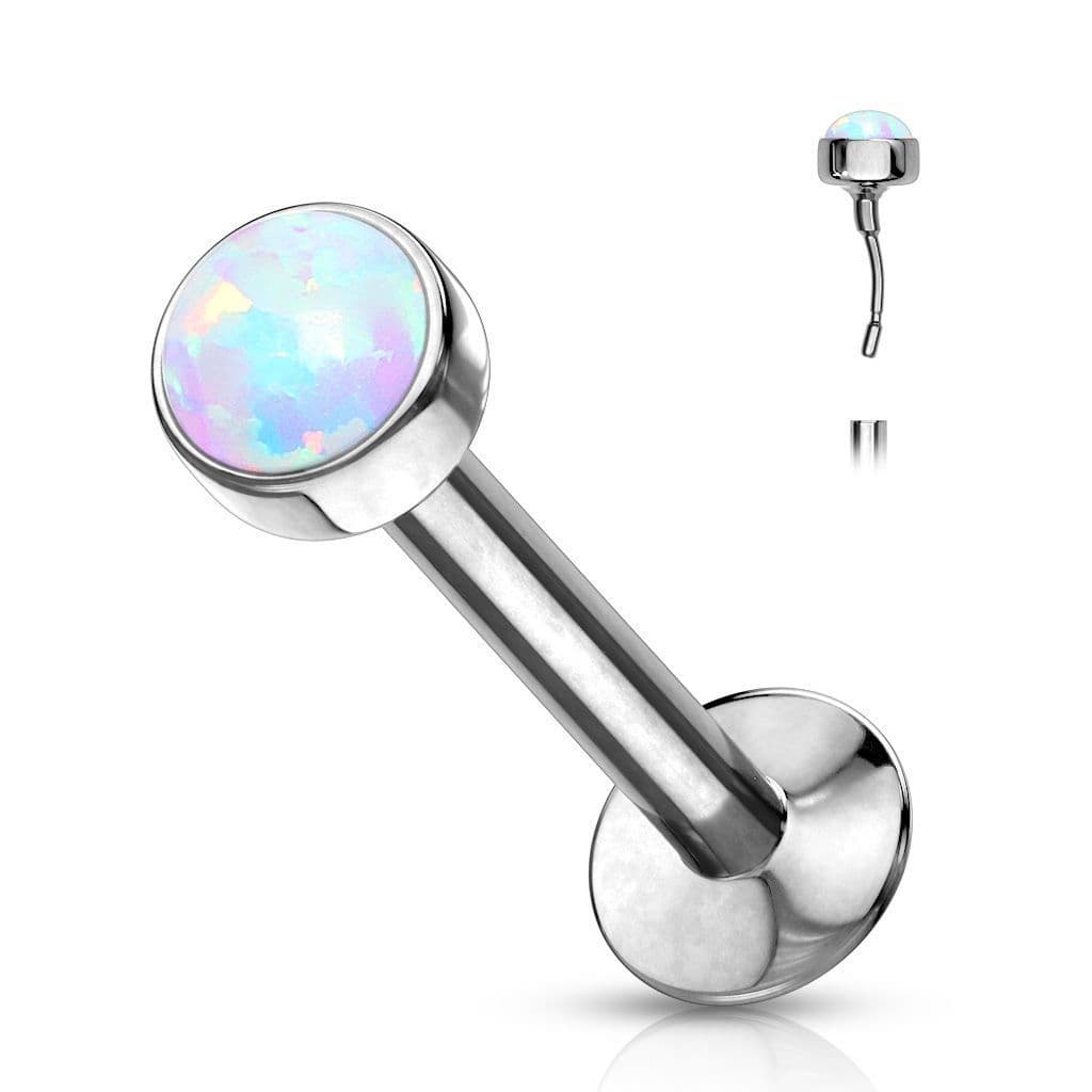 Piercing labreta chirurgická ocel s bílým opálem (1,2 x 6 x 2 mm)