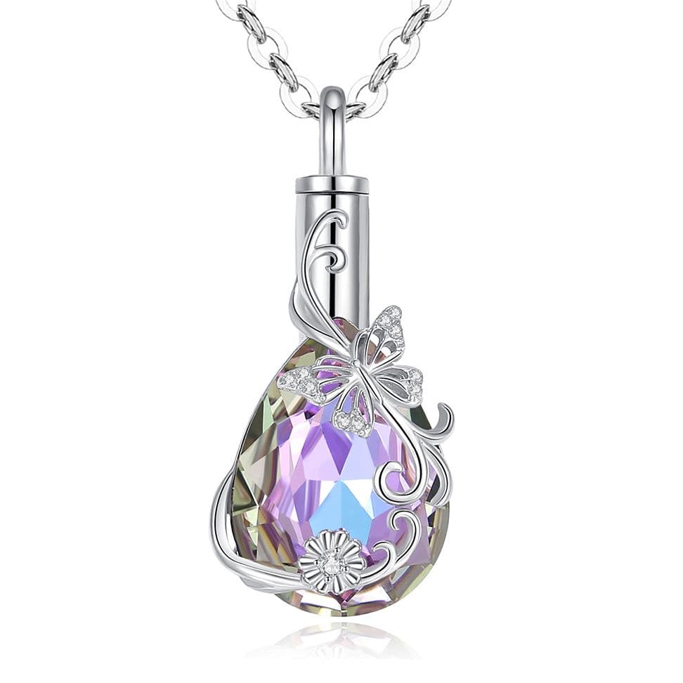 Stříbrný pietní náhrdelník - Fialová Swarovski kapka s motýlem a květem - Stříbrný pietní náhrdelník - Swarovski Lavender DeLite kapka s motýlem a kvě