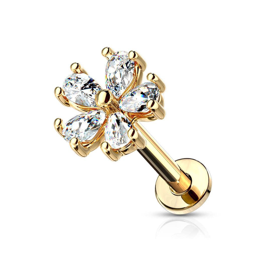 Zlacený piercing do brady - labreta kytička (1,2 x 6 mm)
