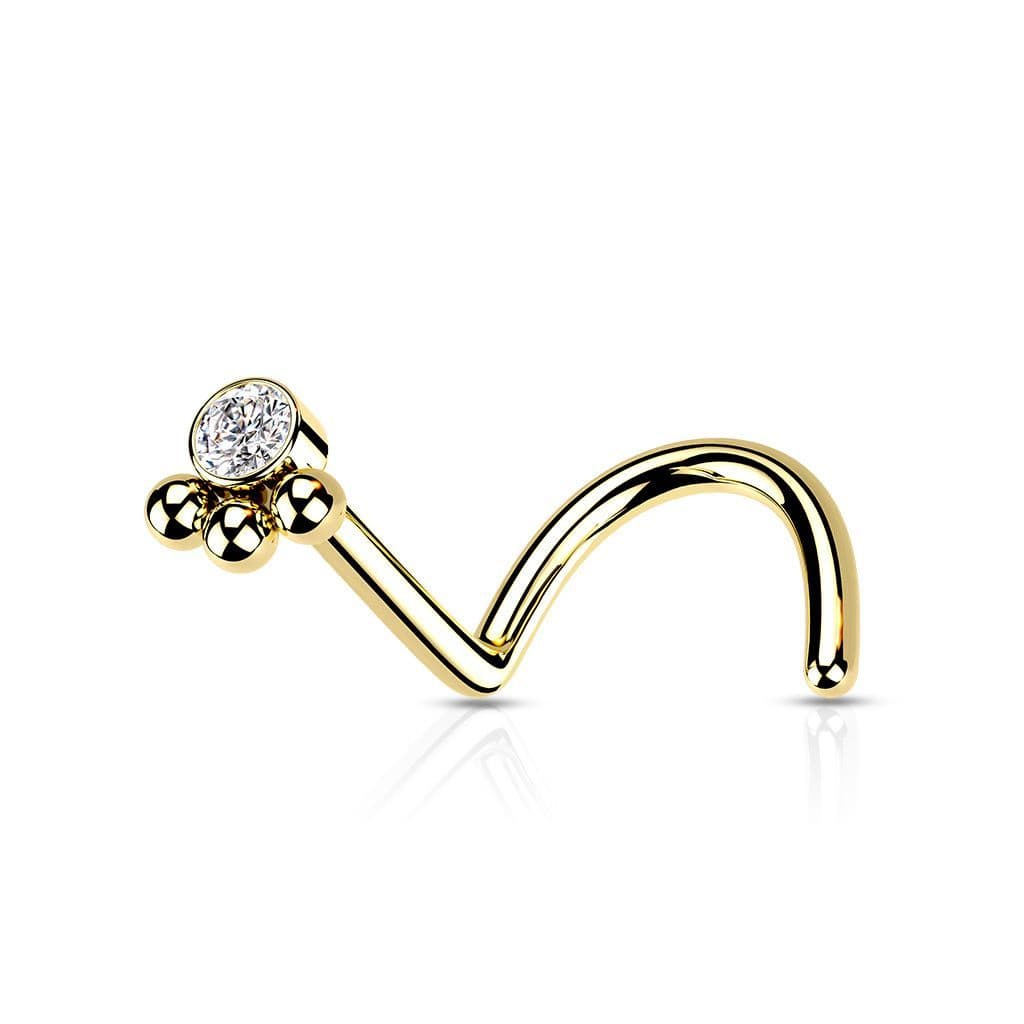 Zahnutý piercing do nosu se zirkonem (zlacená)