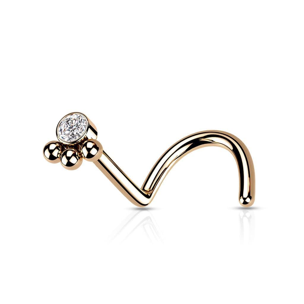 Zahnutý piercing do nosu se zirkonem (zlacená)