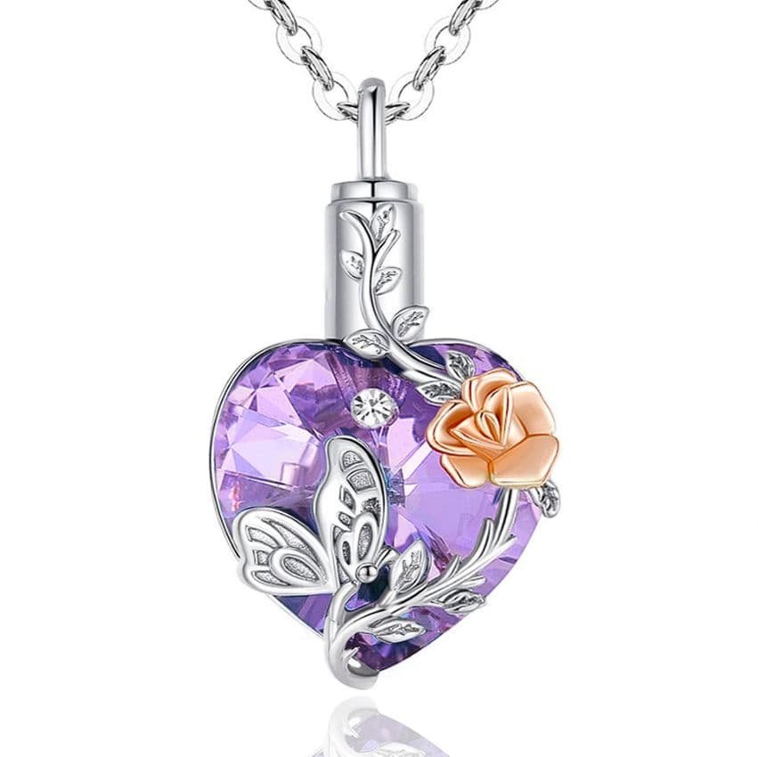 Stříbrný pietní náhrdelník - Fialové Swarovski srdce s růží a motýlem - Stříbrný pietní náhrdelník - Růžovo-fialové Swarovski srdce s růží a motýlem