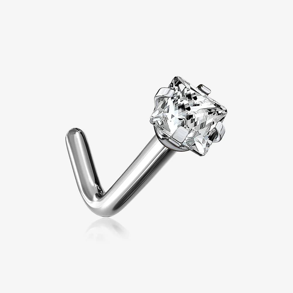 Zahnutý piercing do nosu - titan, čirý kamínek 2 mm
