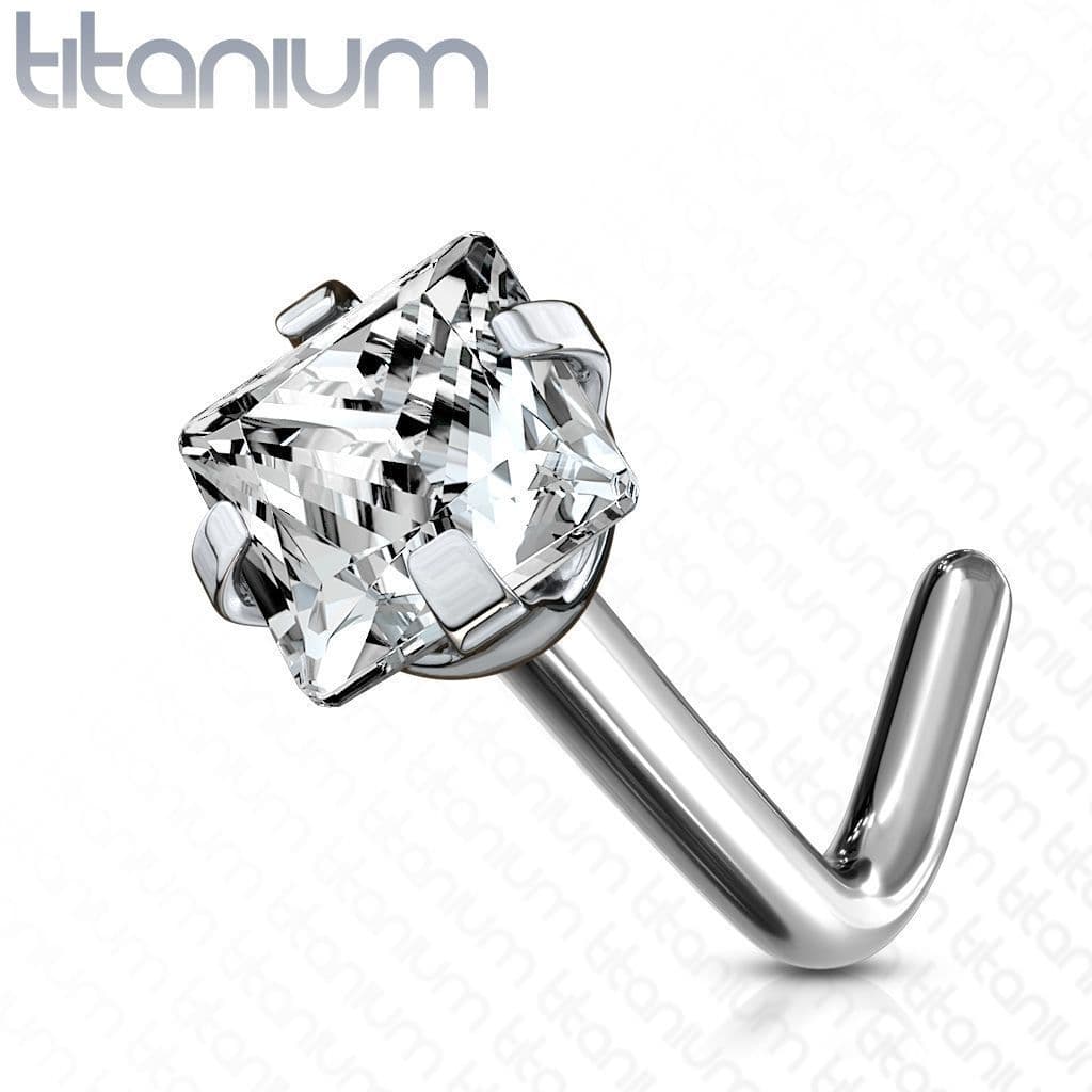 Zahnutý piercing do nosu - titan, čirý kamínek 3 mm