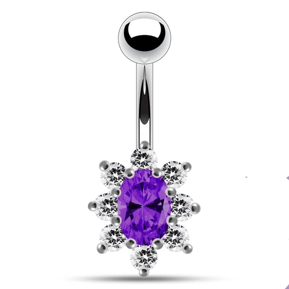 Stříbrný piercing do pupíku (čirá/tmavě  fialová)