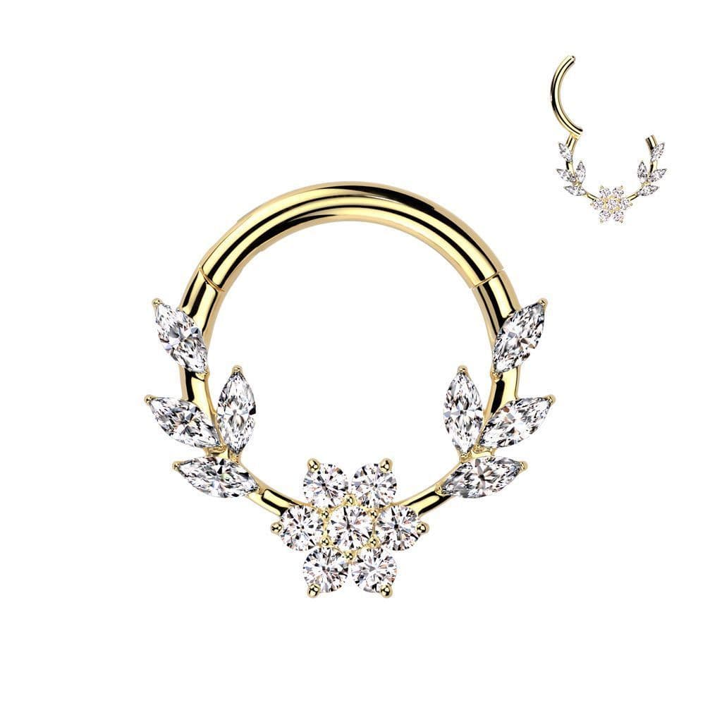 Zlacený ocelový septum piercing kytička s lístky (1,2 x 8 mm)