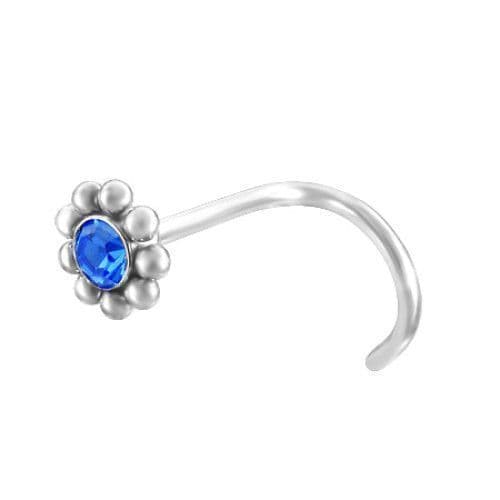 Zahnutý piercing do nosu kytička tmavě modrá