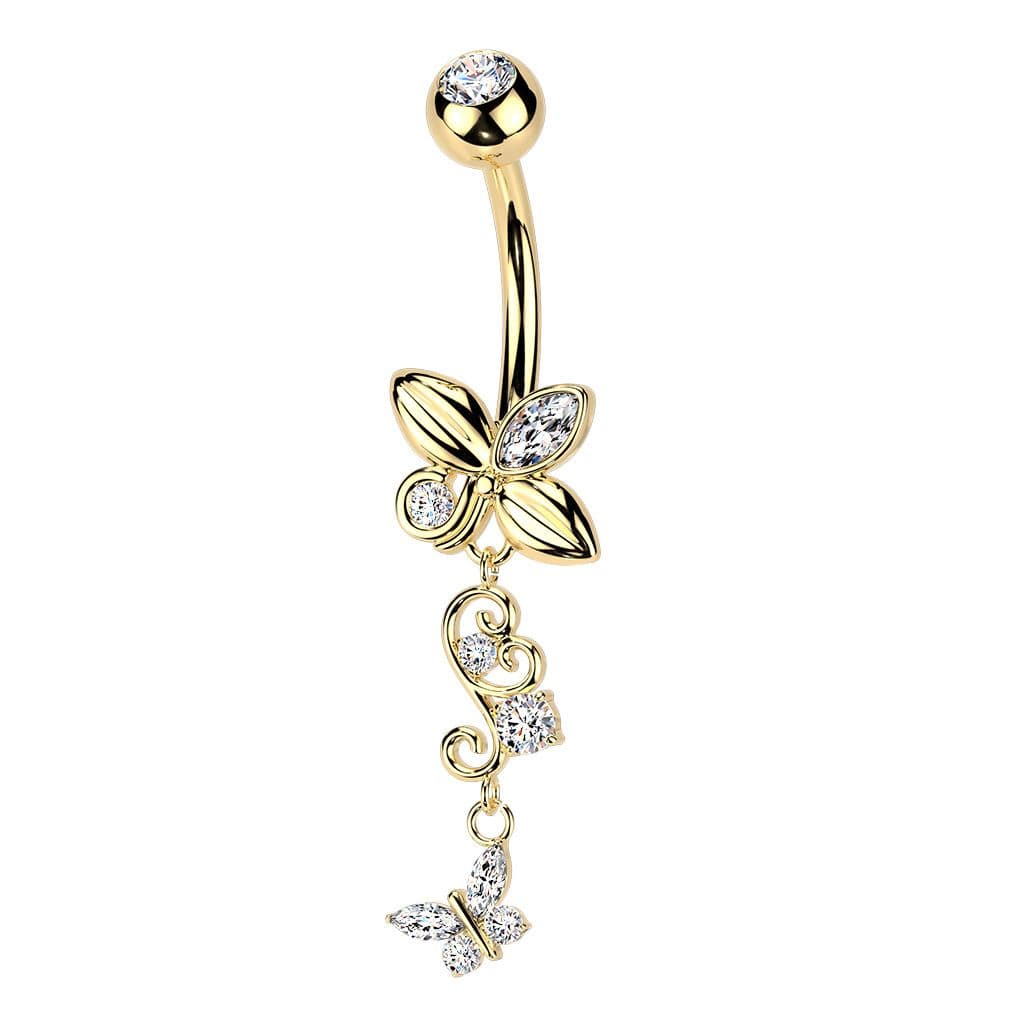Zlacený visací piercing do pupíku s motýlky