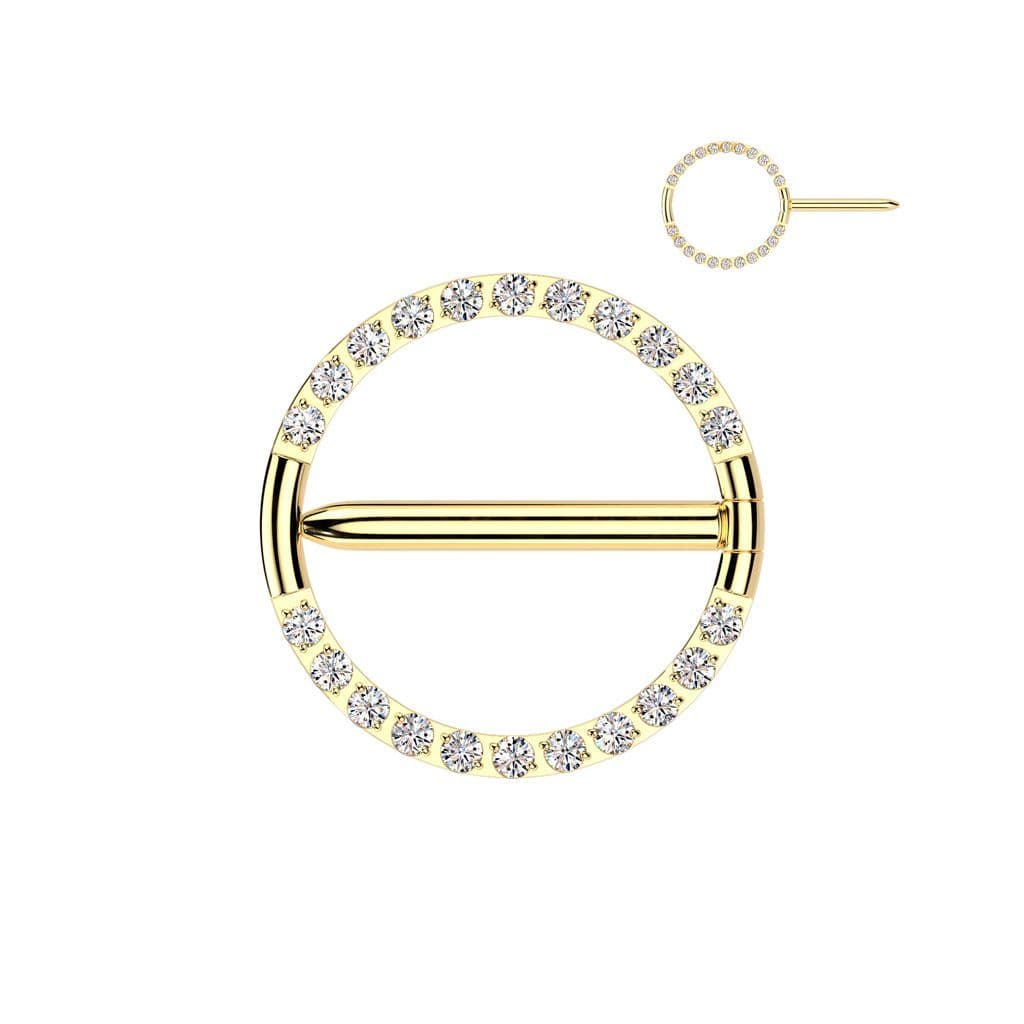 Zlacený titanový piercing do bradavky kruh se zirkony (1,6 x 12 mm)