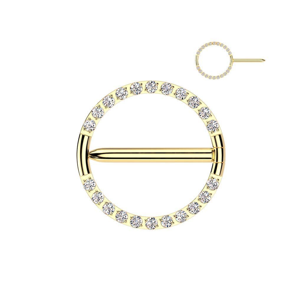 Zlacený titanový piercing do bradavky kruh se zirkony (1,6 x 14 mm)