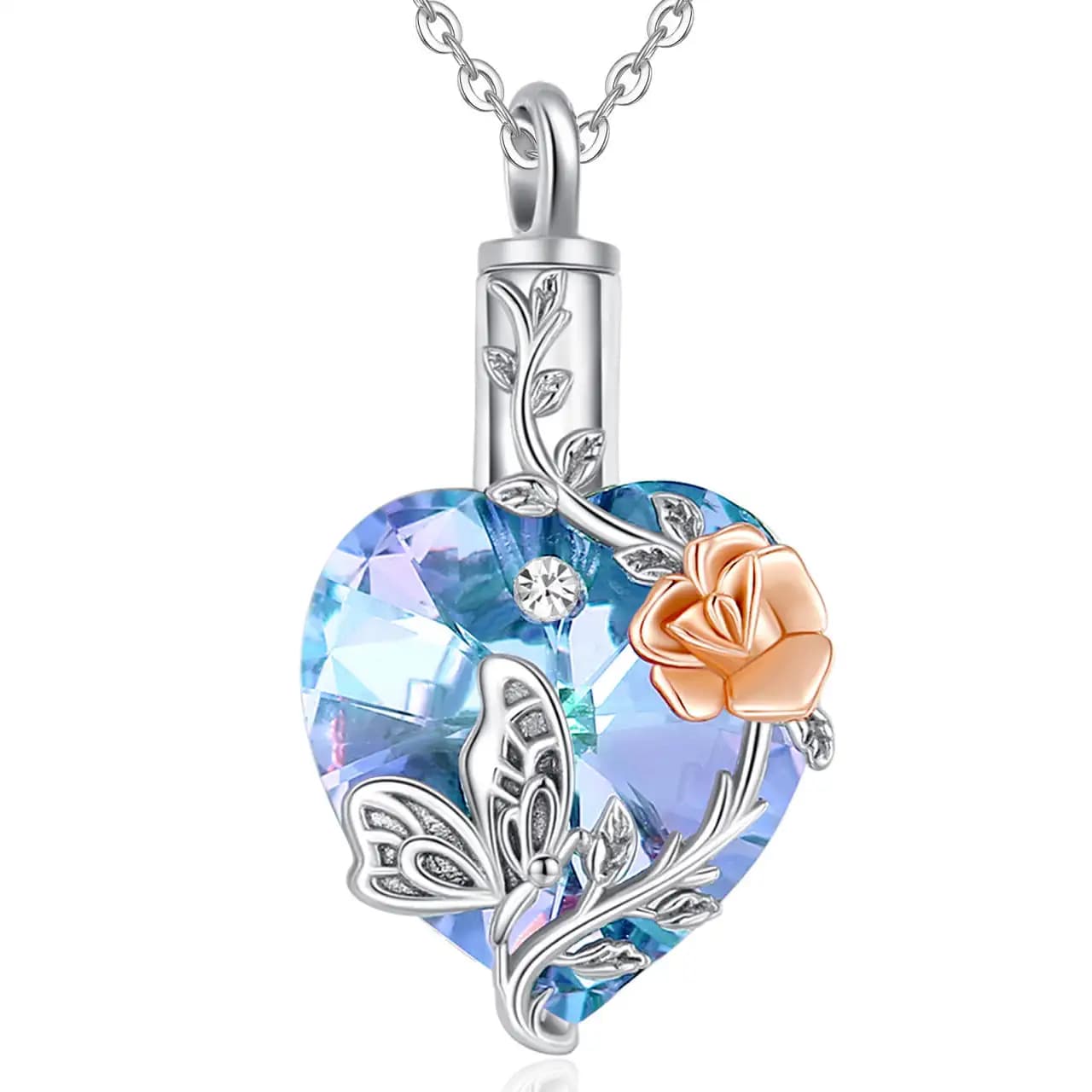 Stříbrný pietní náhrdelník - Fialové Swarovski srdce s růží a motýlem